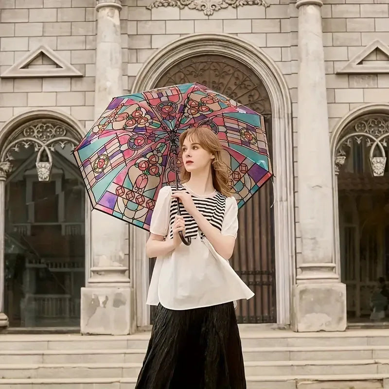 Piękny składany parasol w stylu retro, przezroczysty, z malowanym wzorem