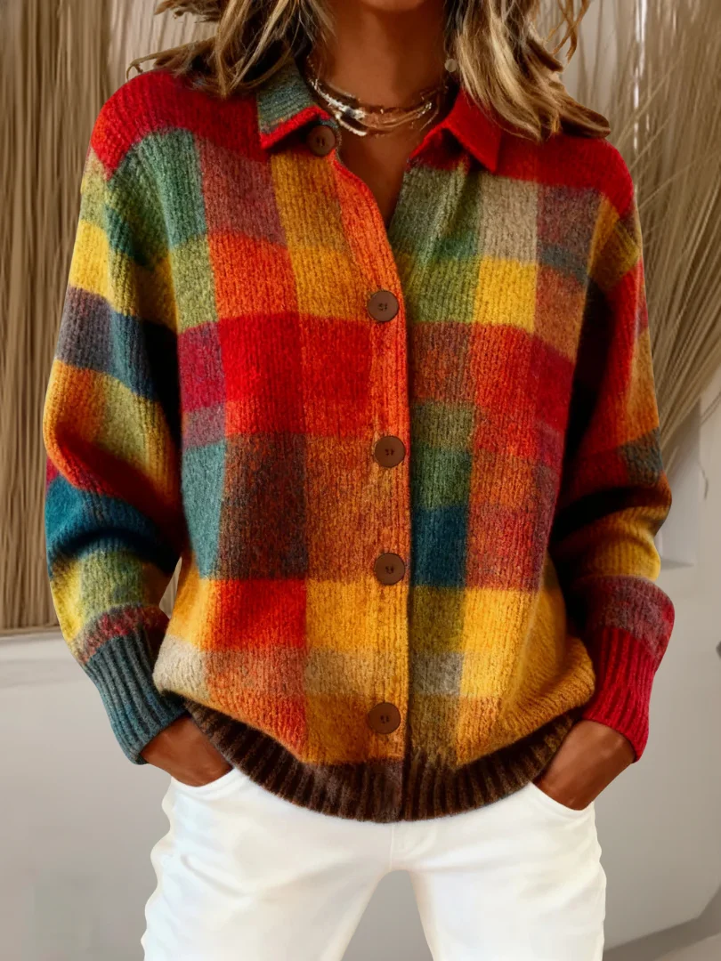 Nowy kolorowy sweter w kratę, długie rękawy, kołnierzyk; wygodny i swobodny.