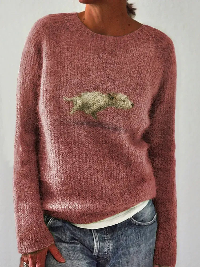 Elegancki i wygodny sweter damski w jednolitym kolorze, ozdobiony wzorem przedstawiającym psa; uniwersalny styl.