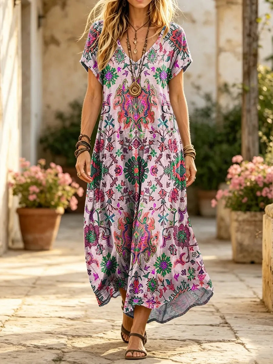 Ta elegancka i wygodna, długa sukienka w stylu boho, ozdobiona pięknym kwiatowym wzorem, podkreśli Twój urok.