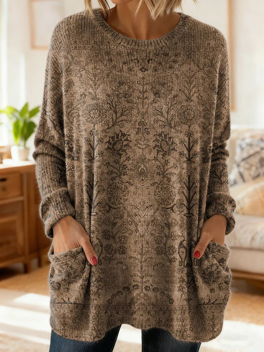 Elegancki i wygodny sweter kaszmirowy z kwiatowym nadrukiem, okrągłym dekoltem i kieszeniami.