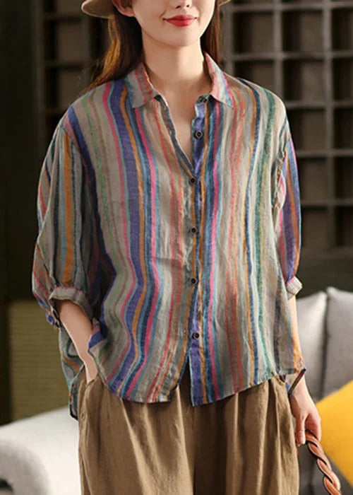 Wygodna damska koszula z rękawem 3/4, kolorowymi paskami, długimi rękawami i zapięciem na guziki