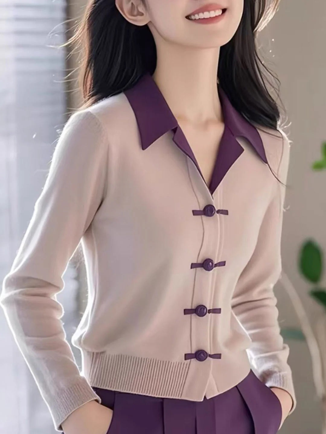 Dopasowany, luksusowy damski kardigan dzianinowy zapinany na jeden guzik. 02