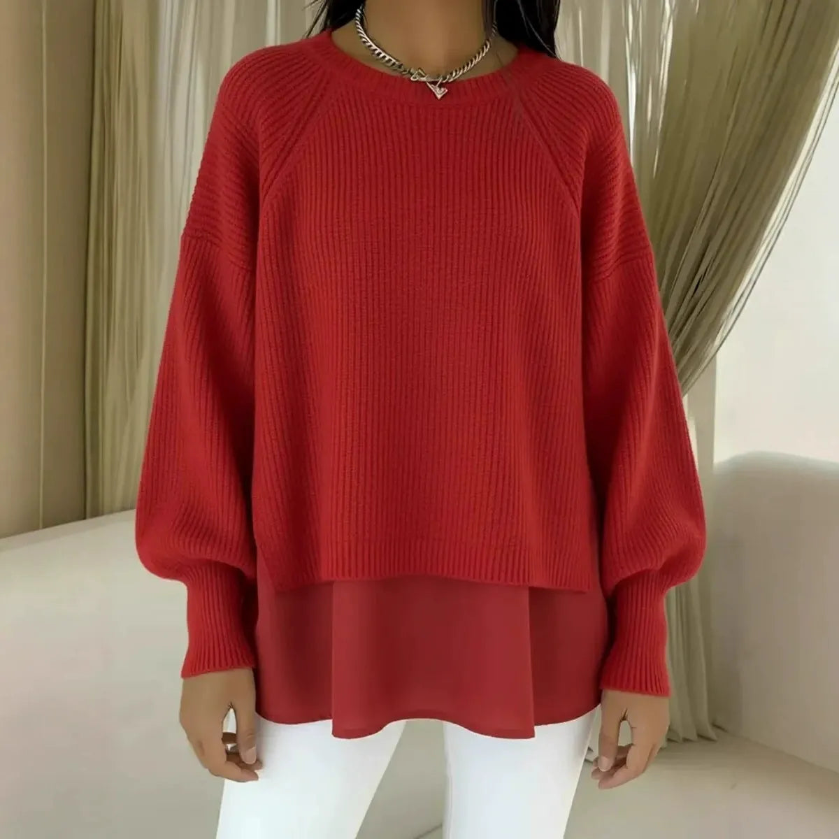 Elegancki i wygodny dwuczęściowy sweter z okrągłym dekoltem w jednolitym kolorze