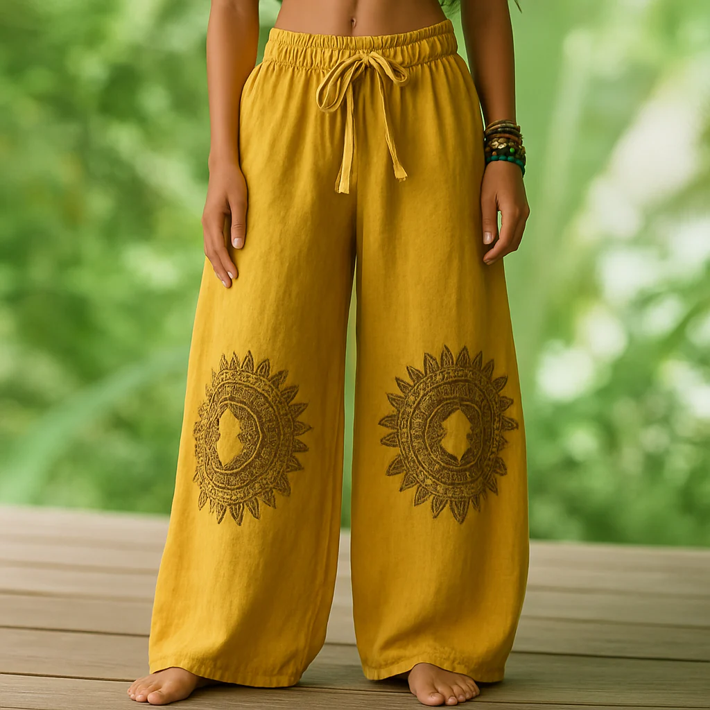 Nowe spodnie damskie w stylu retro z szerokimi nogawkami i nadrukiem w stylu boho