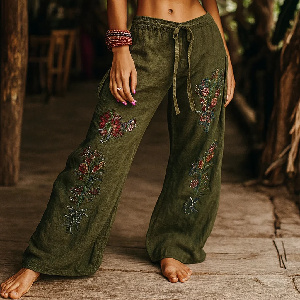 Nowe spodnie damskie w stylu retro z szerokimi nogawkami i nadrukiem w stylu boho