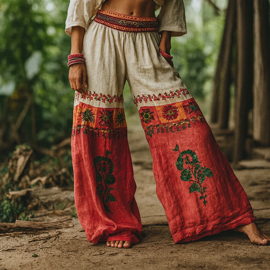 Nowe spodnie damskie w stylu retro z szerokimi nogawkami i nadrukiem w stylu boho