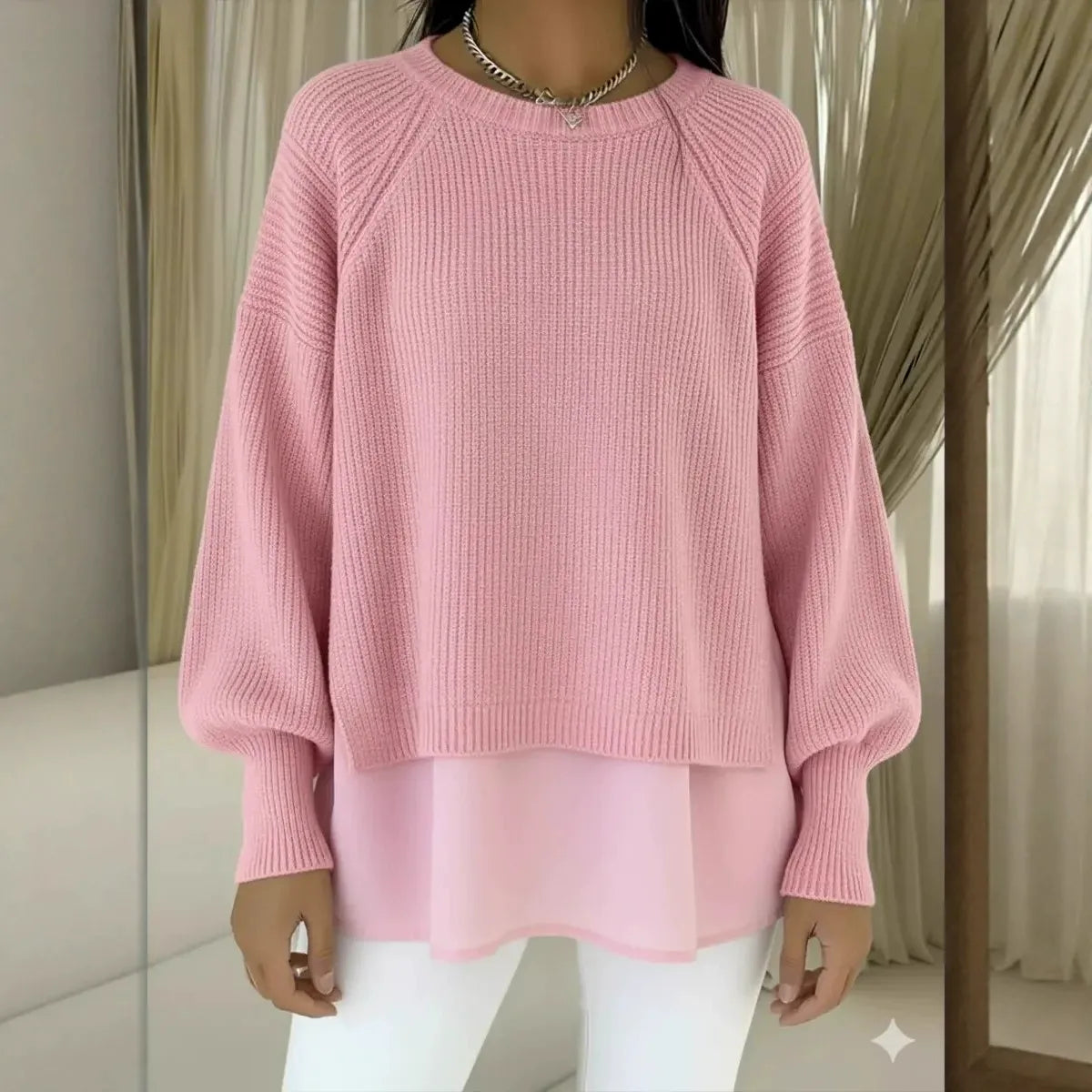 Elegancki i wygodny dwuczęściowy sweter z okrągłym dekoltem w jednolitym kolorze