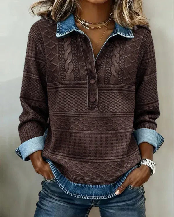 Ten elegancki i wygodny damski top typu patchwork został wykonany z denimu i dzianiny. Wyróżnia się tkanym, skręconym wzorem kwiatowym Sweter
