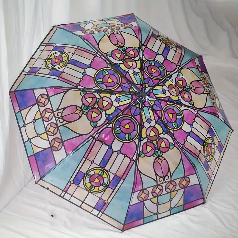 Piękny składany parasol w stylu retro, przezroczysty, z malowanym wzorem