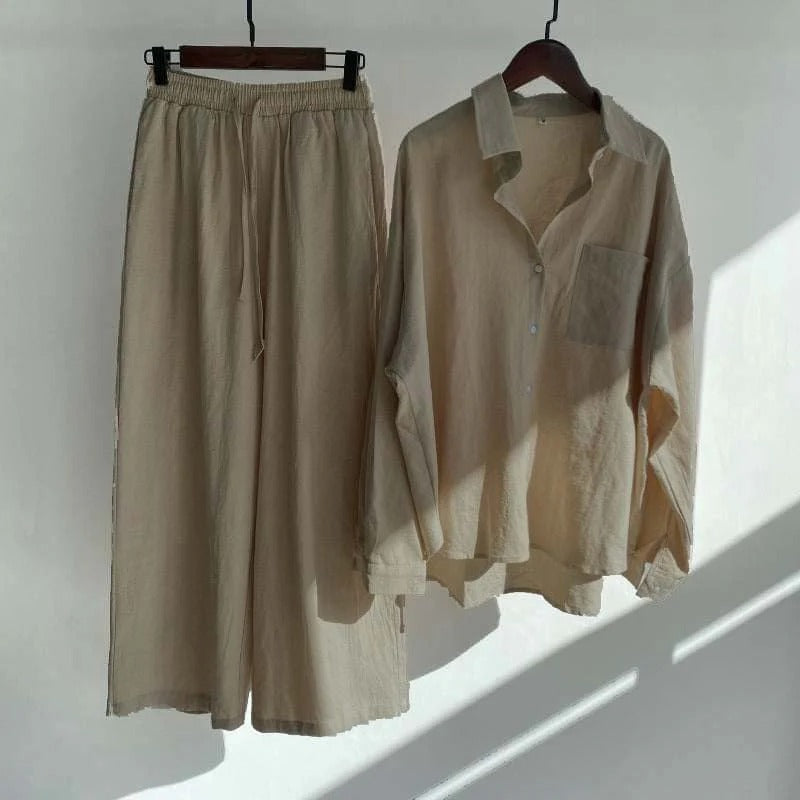 Dwuczęściowy damski komplet koszulowy w stylu retro z bawełny i lnu, luźne spodnie z wysokim stanem