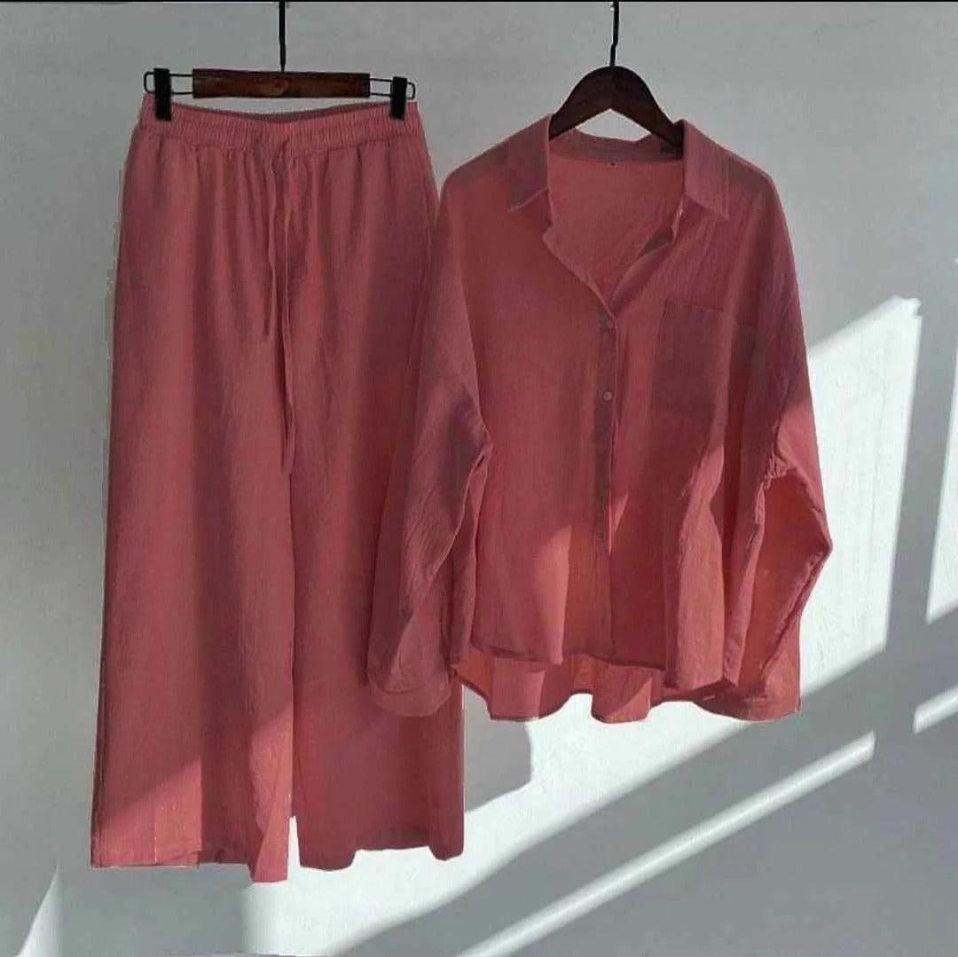 Dwuczęściowy damski komplet koszulowy w stylu retro z bawełny i lnu, luźne spodnie z wysokim stanem