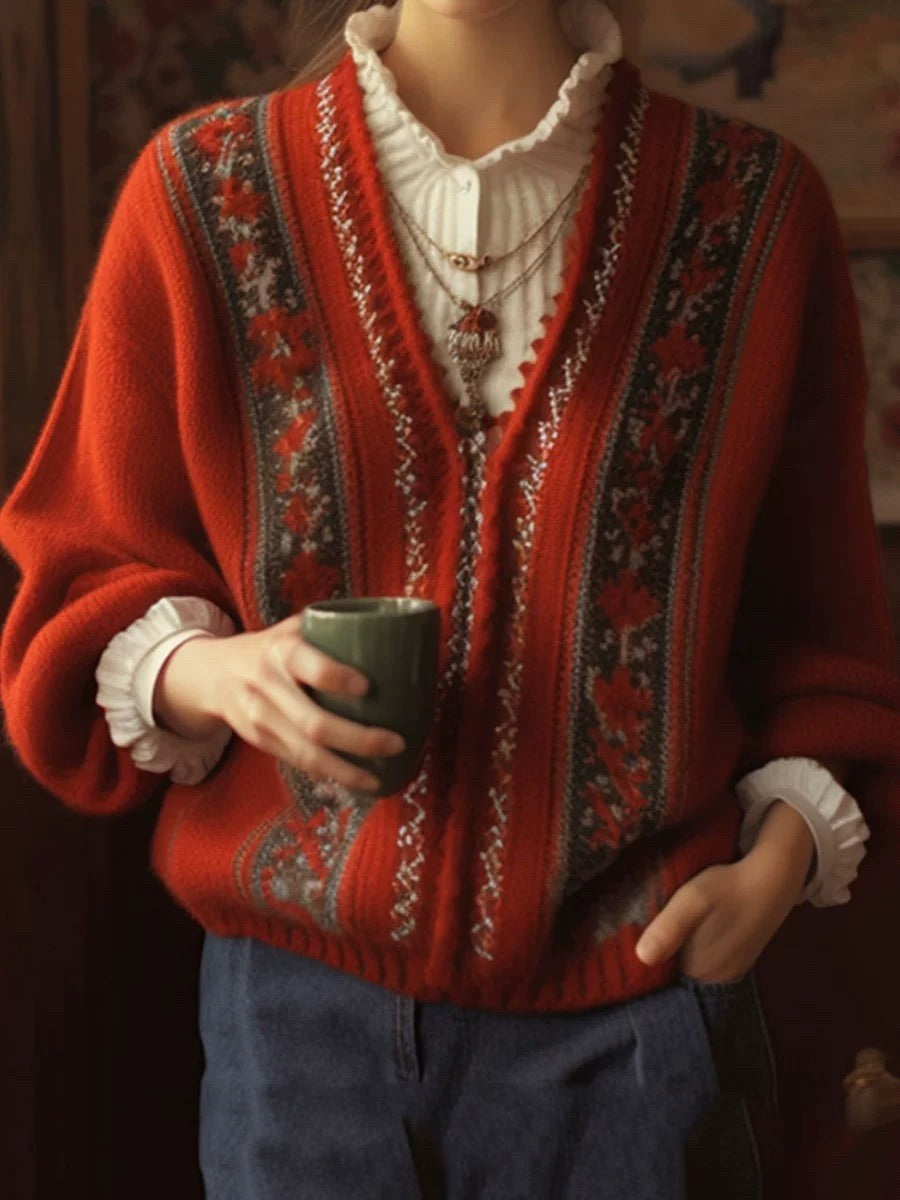 Elegancki i wygodny sweterek żakardowy w kolorze czerwonym w stylu retro