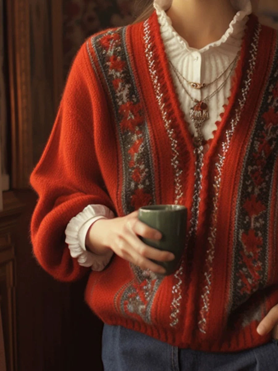 Elegancki i wygodny sweterek żakardowy w kolorze czerwonym w stylu retro
