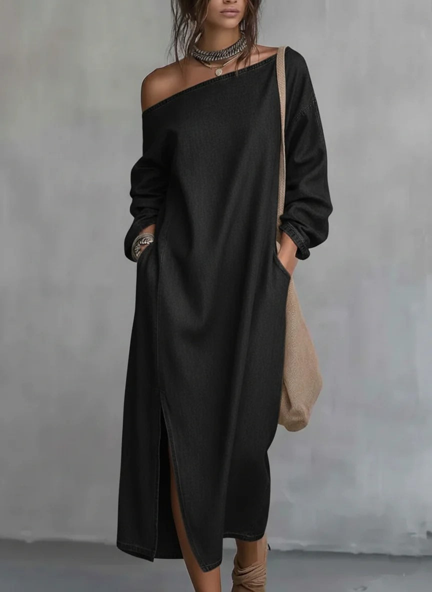 Modna, prosta, luźna, długa sukienka z bawełny i lnu z odkrytymi ramionami