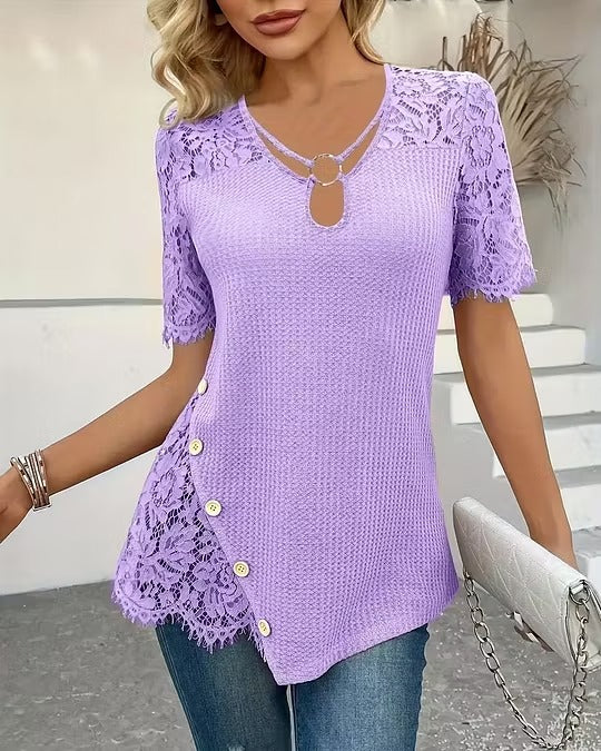 Stylowy i elegancki damski top dzianinowy w jednolitym kolorze, półprzezroczysty, haftowany koronkowy top w jednolitym kolorze, okrągły dekolt, krótkie rękawy.
