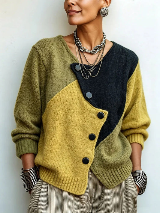 Ten stylowy sweter w blokach kolorystycznych (żółto-zielony) ma nieregularny wzór, który nadaje mu niepowtarzalny wygląd.