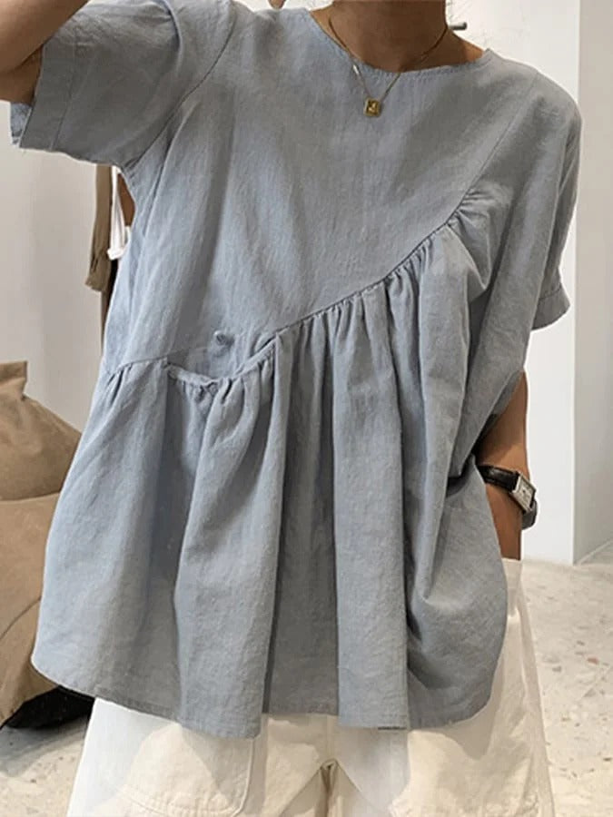 Minimalistyczny, luksusowy i szykowny top typu babydoll w stylu francuskim z okrągłym dekoltem