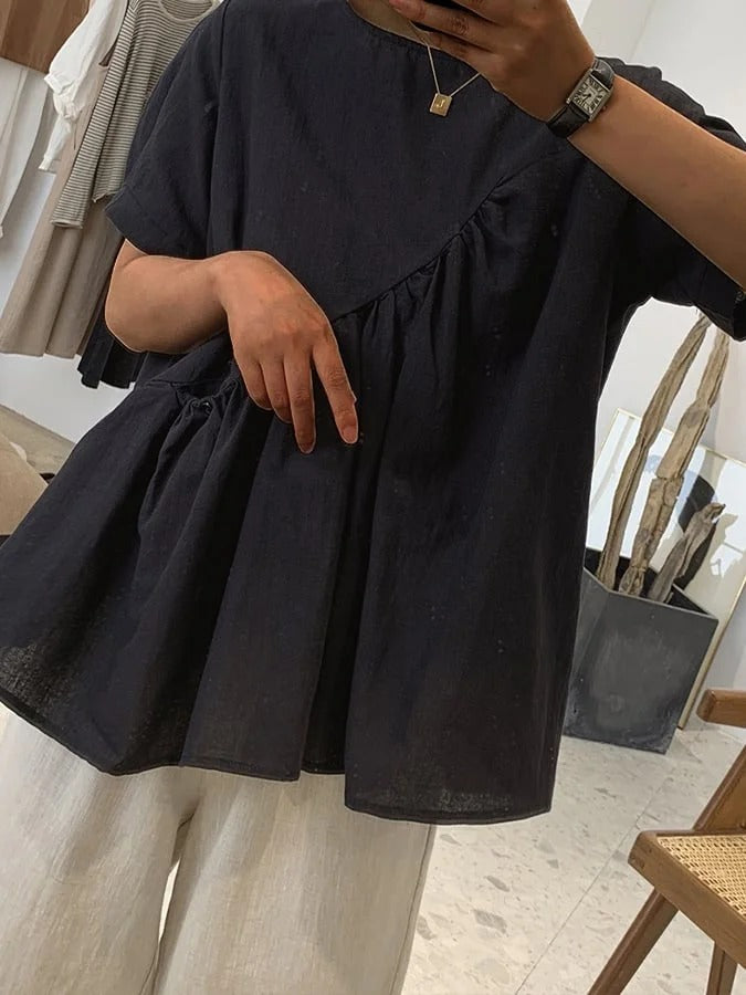 Minimalistyczny, luksusowy i szykowny top typu babydoll w stylu francuskim z okrągłym dekoltem