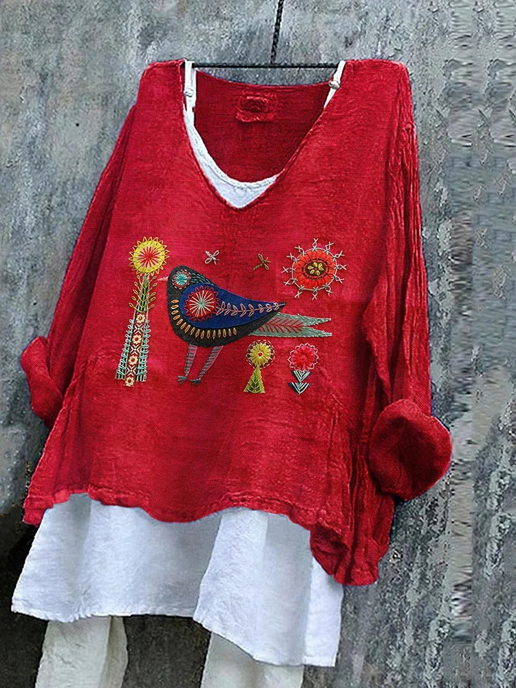 Elegancka i wygodna wielokolorowa koszula z mieszanki lnu z haftowanym wzorem ptaków