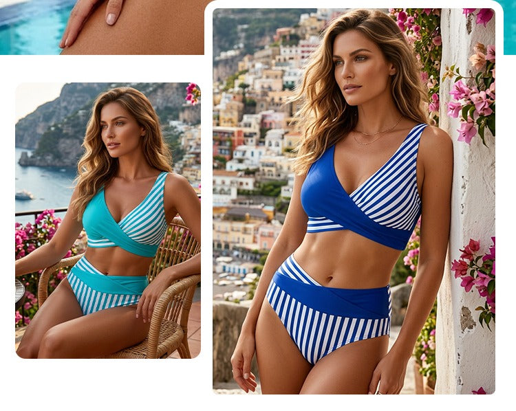 Ten nowy komplet bikini w blokach kolorów wyróżnia się nieregularnymi geometrycznymi wzorami zarówno na stroju kąpielowym, jak i na majtkach.