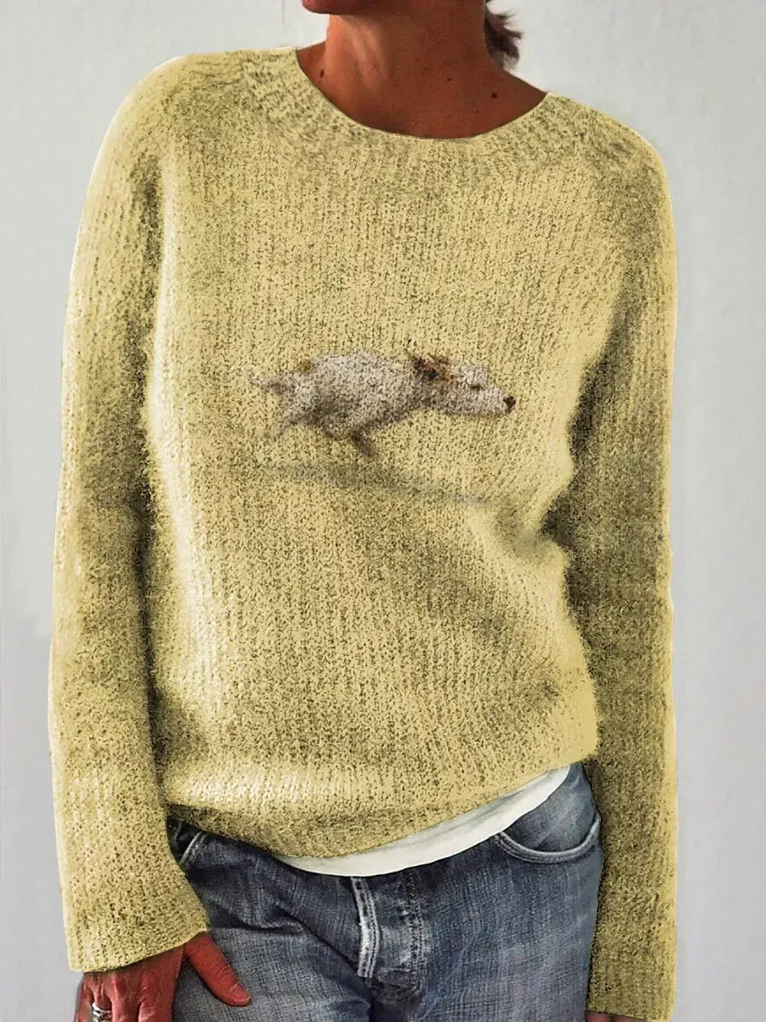 Elegancki i wygodny sweter damski w jednolitym kolorze, ozdobiony wzorem przedstawiającym psa; uniwersalny styl.
