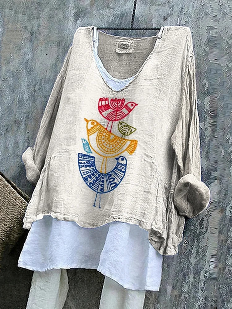 Koszula damska z lnu w stylu vintage z haftem ptaków i dekoltem w serek