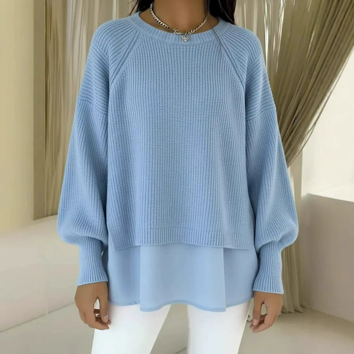 Elegancki i wygodny dwuczęściowy sweter z okrągłym dekoltem w jednolitym kolorze