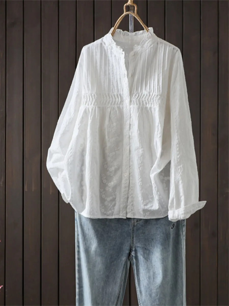 Nowa, luźna koszula w stylu francuskim z zakładkami harmonijkowymi, wykonana z czystej bawełny i ozdobiona haftowanym wzorem kwiatowym.