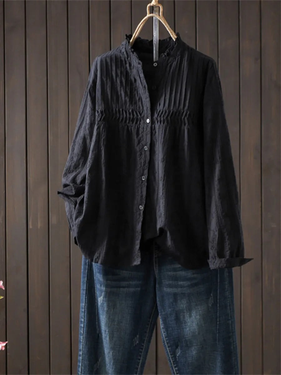 Nowa, luźna koszula w stylu francuskim z zakładkami harmonijkowymi, wykonana z czystej bawełny i ozdobiona haftowanym wzorem kwiatowym.