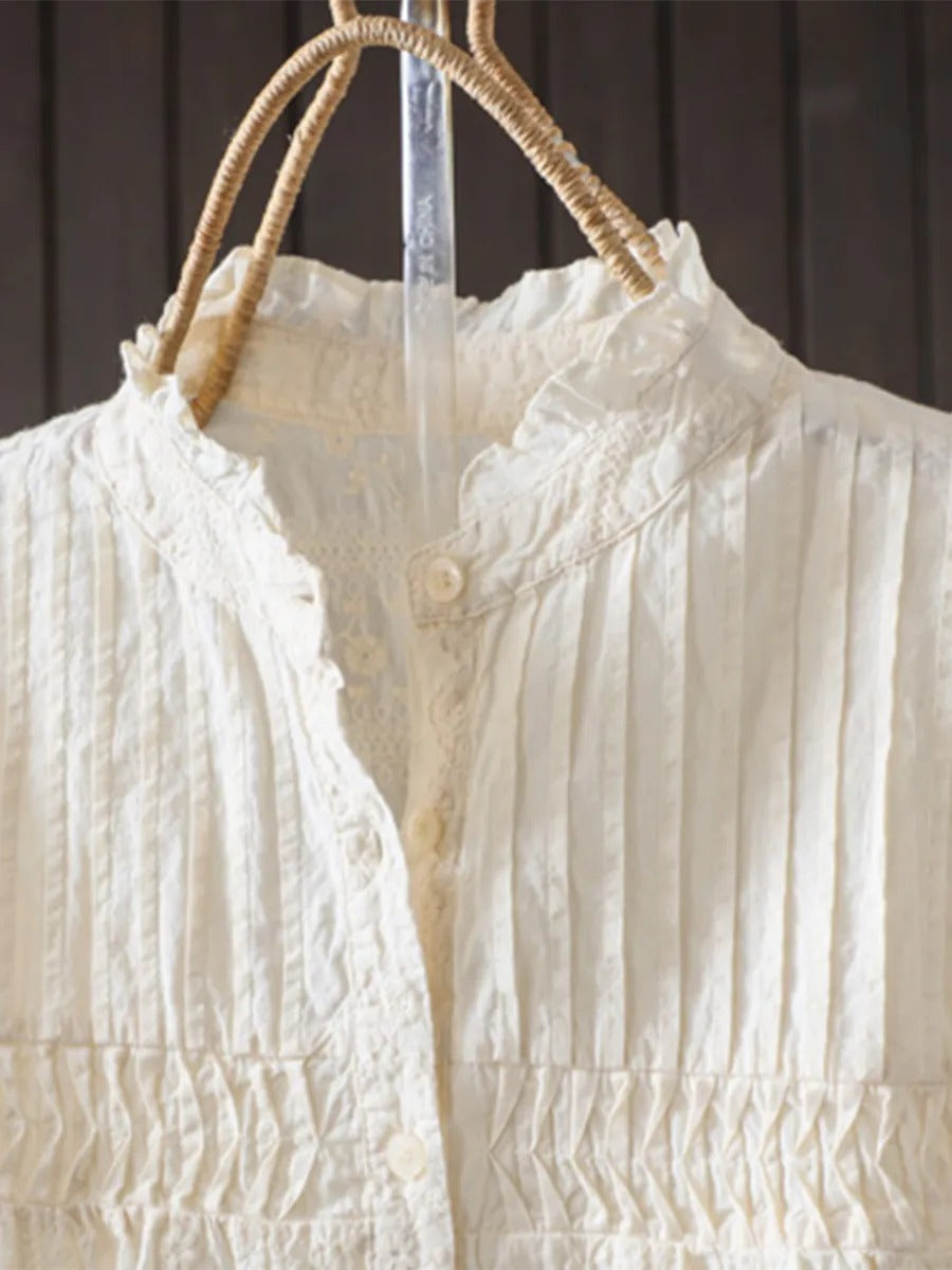 Nowa, luźna koszula w stylu francuskim z zakładkami harmonijkowymi, wykonana z czystej bawełny i ozdobiona haftowanym wzorem kwiatowym.