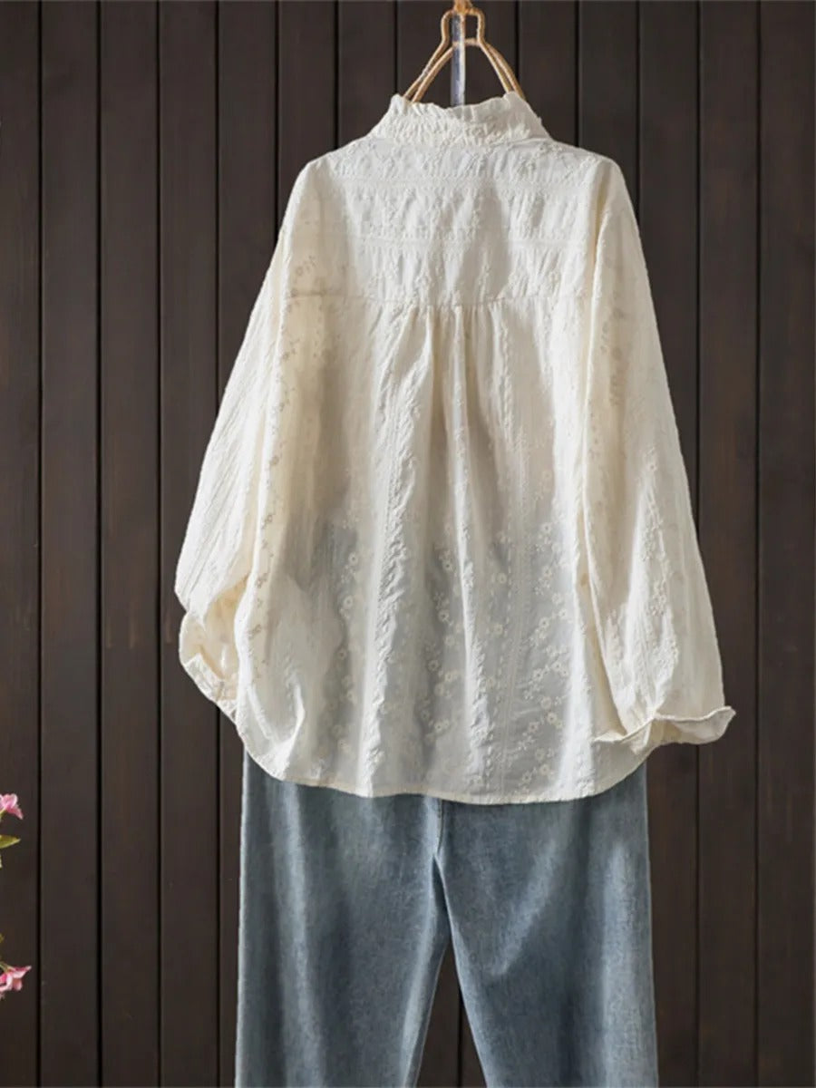 Nowa, luźna koszula w stylu francuskim z zakładkami harmonijkowymi, wykonana z czystej bawełny i ozdobiona haftowanym wzorem kwiatowym.