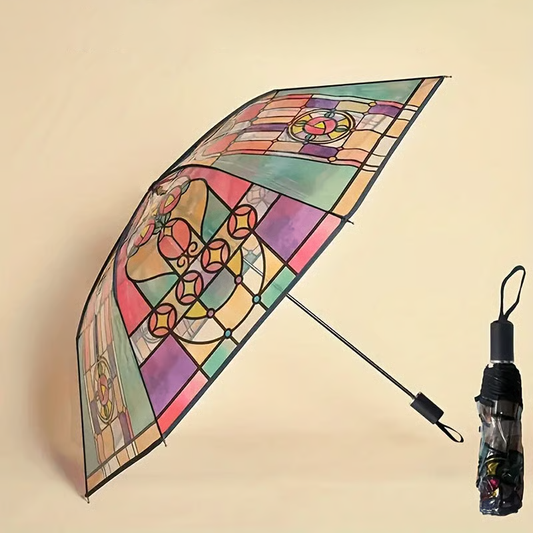 Piękny składany parasol w stylu retro, przezroczysty, z malowanym wzorem