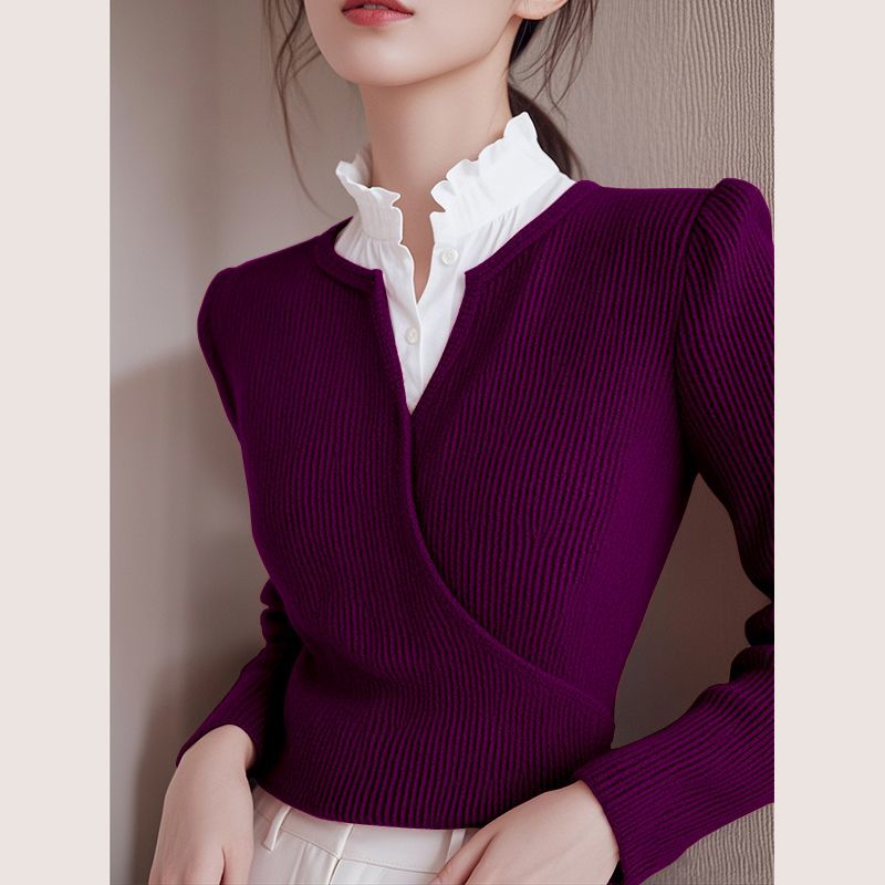 Elegancki i szykowny damski sweter z kołnierzykiem typu koszulowego, wyszczuplający i podkreślający figurę.