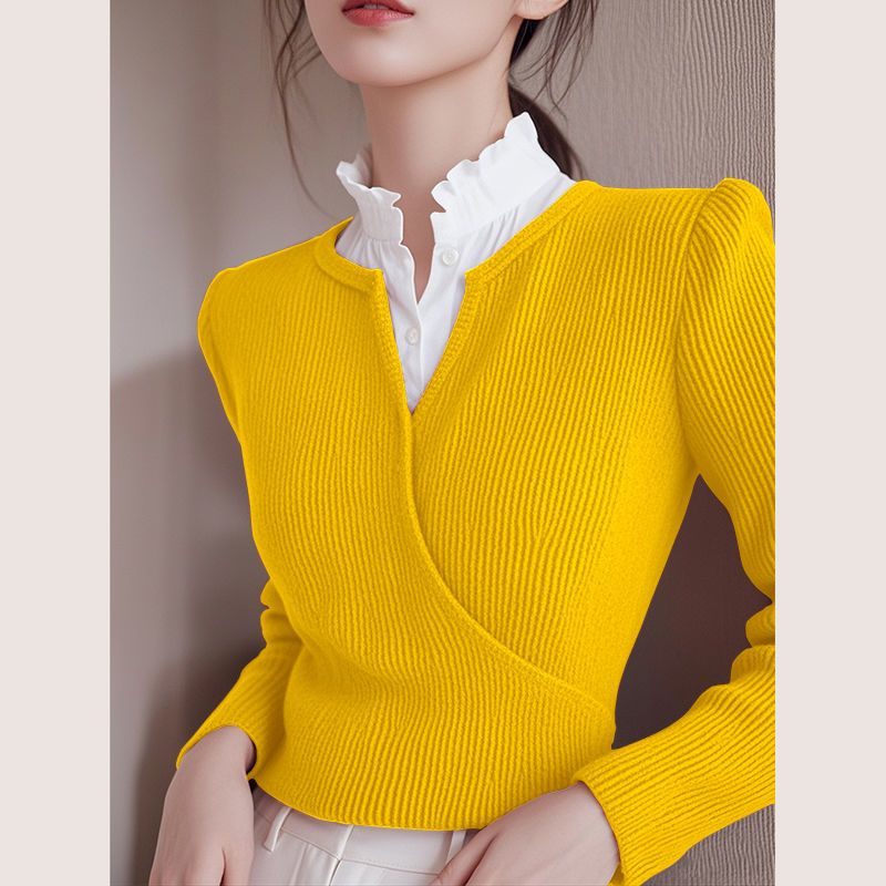 Elegancki i szykowny damski sweter z kołnierzykiem typu koszulowego, wyszczuplający i podkreślający figurę.
