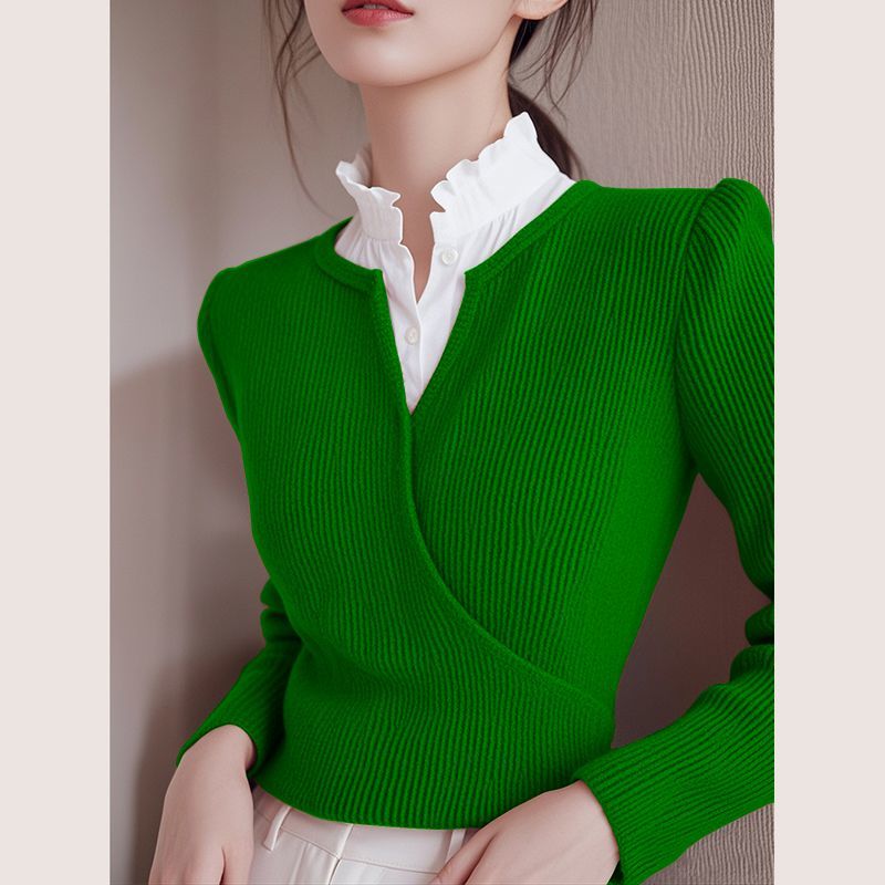 Elegancki i szykowny damski sweter z kołnierzykiem typu koszulowego, wyszczuplający i podkreślający figurę.
