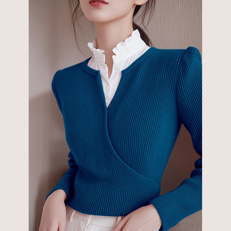 Elegancki i szykowny damski sweter z kołnierzykiem typu koszulowego, wyszczuplający i podkreślający figurę.