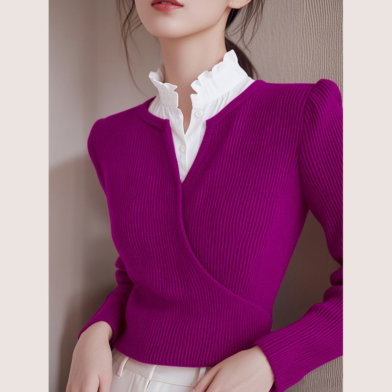 Elegancki i szykowny damski sweter z kołnierzykiem typu koszulowego, wyszczuplający i podkreślający figurę.