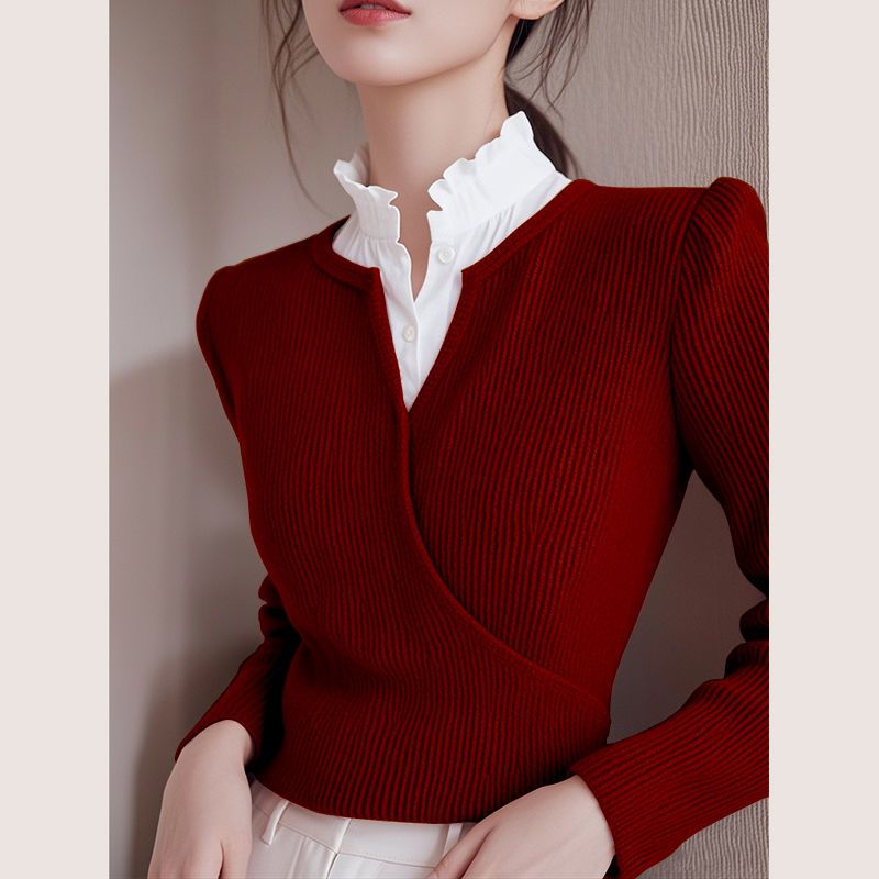 Elegancki i szykowny damski sweter z kołnierzykiem typu koszulowego, wyszczuplający i podkreślający figurę.