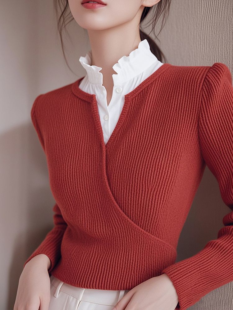 Elegancki i szykowny damski sweter z kołnierzykiem typu koszulowego, wyszczuplający i podkreślający figurę.