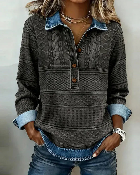 Ten elegancki i wygodny damski top typu patchwork został wykonany z denimu i dzianiny. Wyróżnia się tkanym, skręconym wzorem kwiatowym Sweter