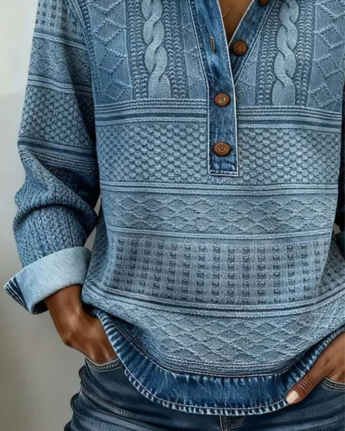 Ten elegancki i wygodny damski top typu patchwork został wykonany z denimu i dzianiny. Wyróżnia się tkanym, skręconym wzorem kwiatowym Sweter