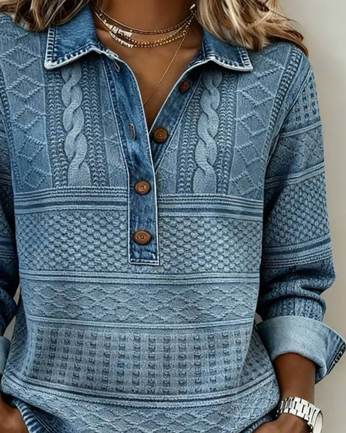 Ten elegancki i wygodny damski top typu patchwork został wykonany z denimu i dzianiny. Wyróżnia się tkanym, skręconym wzorem kwiatowym Sweter