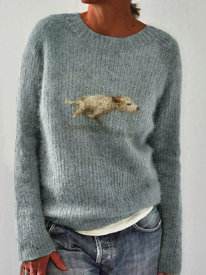 Elegancki i wygodny sweter damski w jednolitym kolorze, ozdobiony wzorem przedstawiającym psa; uniwersalny styl.