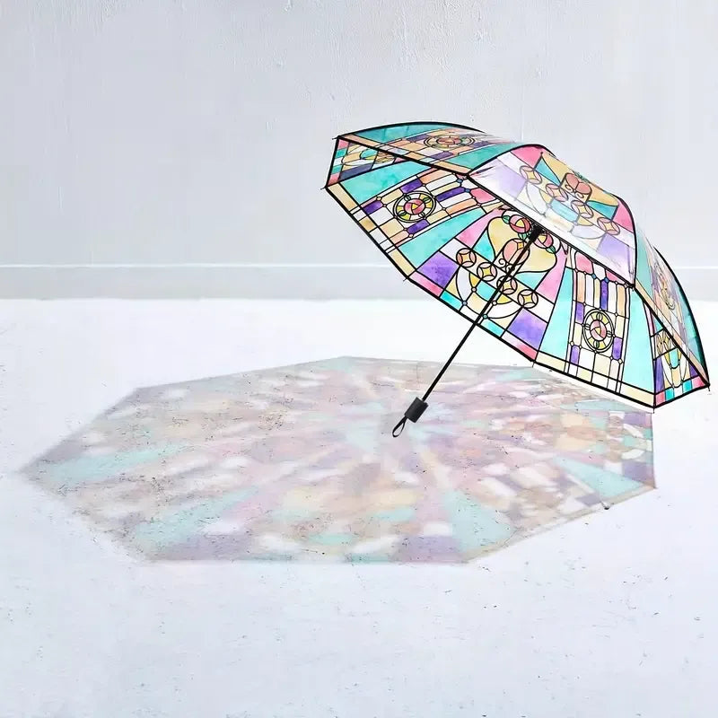 Piękny składany parasol w stylu retro, przezroczysty, z malowanym wzorem