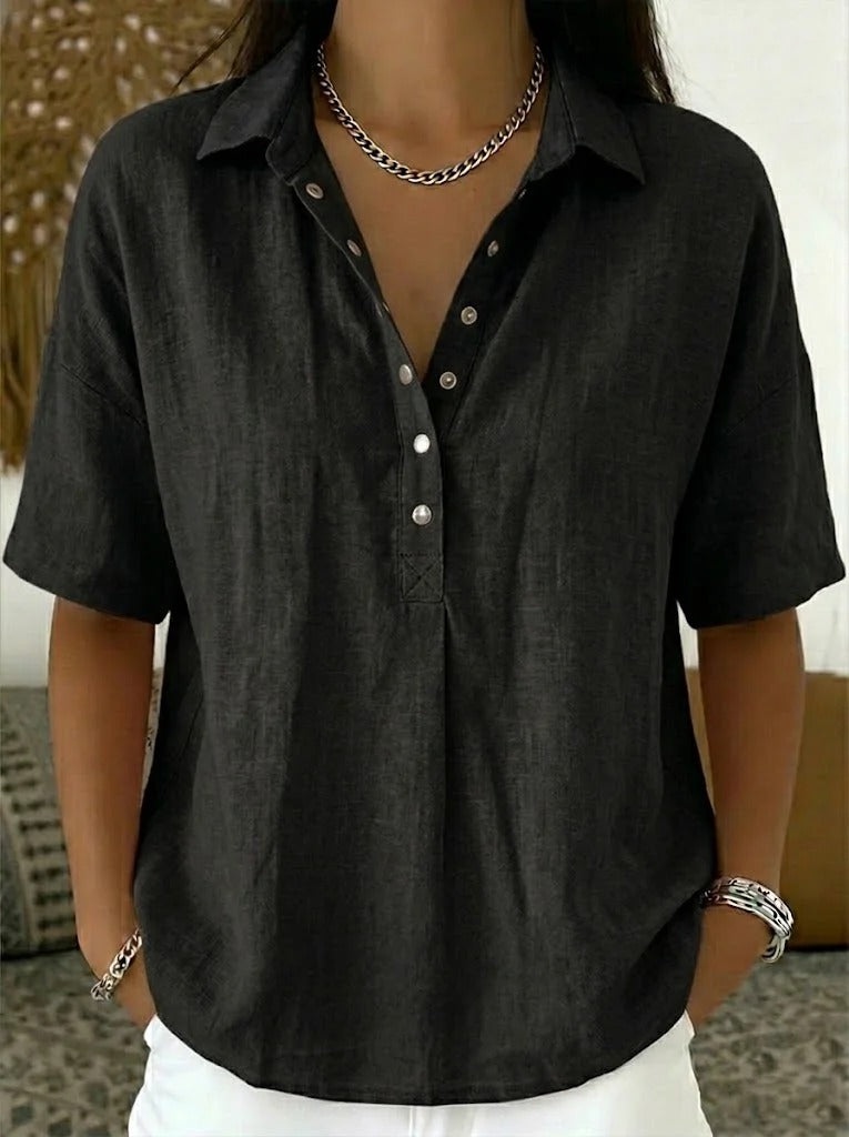 Nowa, letnia, damska, luźna, wygodna koszula z kołnierzykiem i krótkim rękawem w jednolitym kolorze