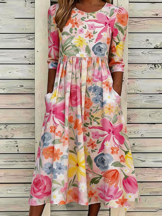 Ta luźna, wygodna sukienka w kolorze różowym, z nadrukiem, została uszyta z mieszanki bawełny i lnu.