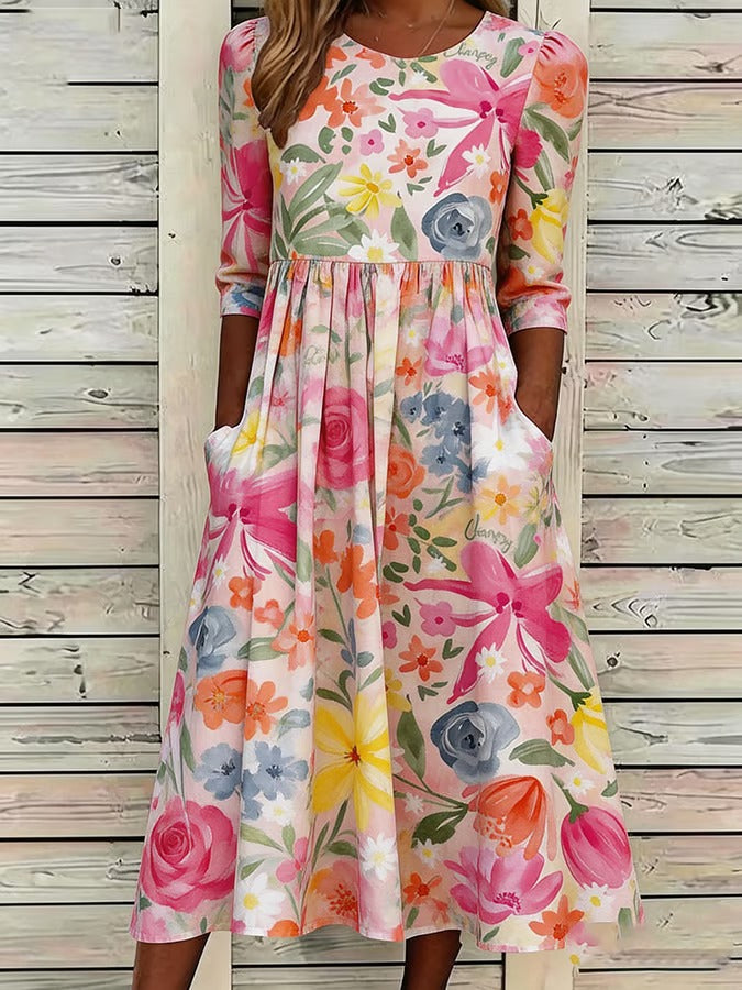 Ta luźna, wygodna sukienka w kolorze różowym, z nadrukiem, została uszyta z mieszanki bawełny i lnu.