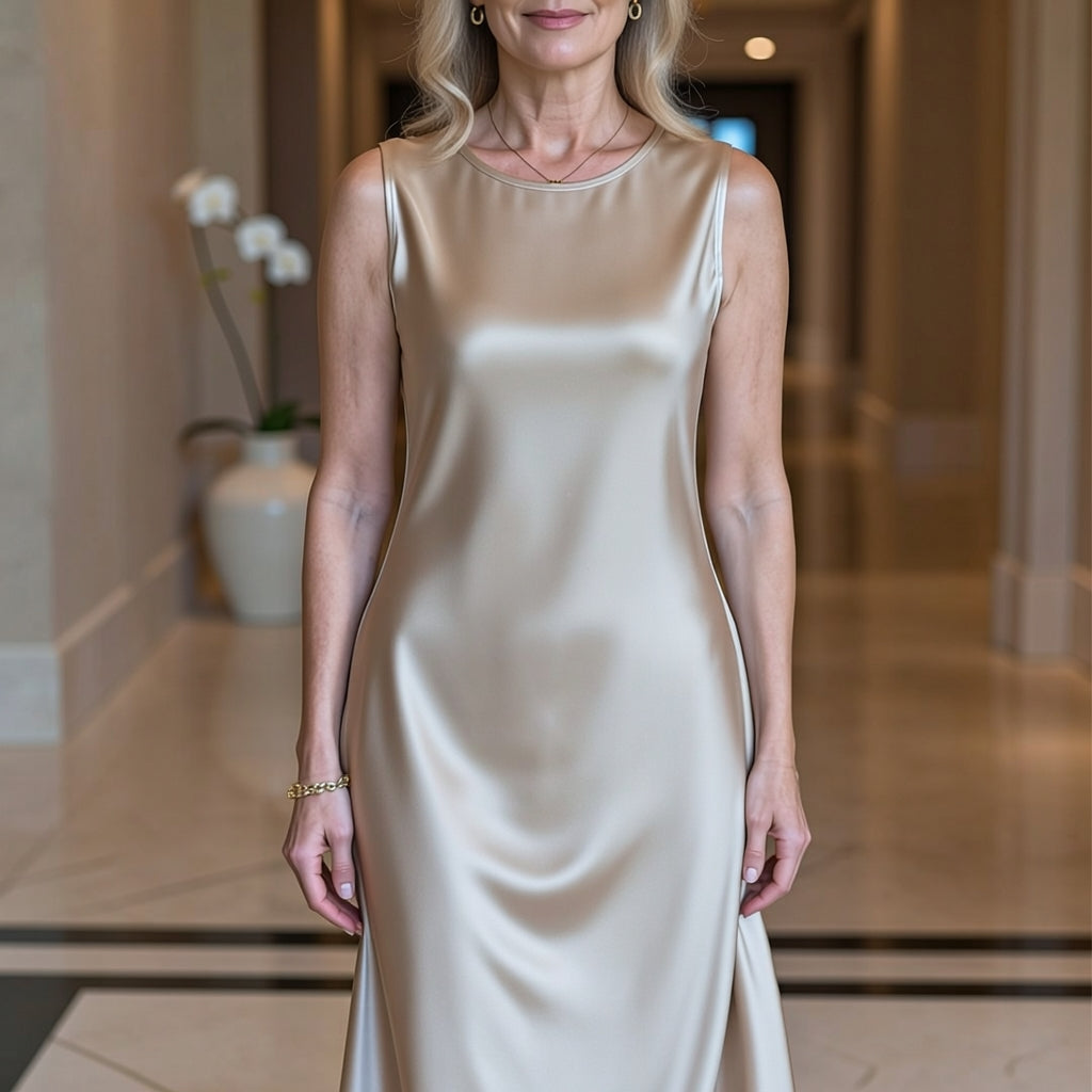Ta luksusowa damska sukienka wykonana z jedwabiu ma okrągły dekolt, dzięki czemu jest idealnym wyborem na wiosnę i lato, a jej bezrękawnik emanuje elegancją i wyrafinowaniem.