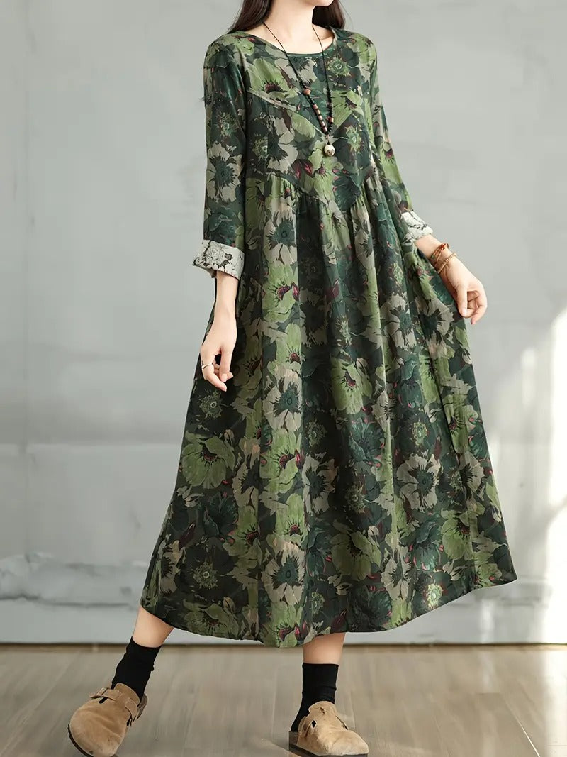 Elegancka sukienka bawełniana z długim rękawem i nadrukiem w stylu vintage